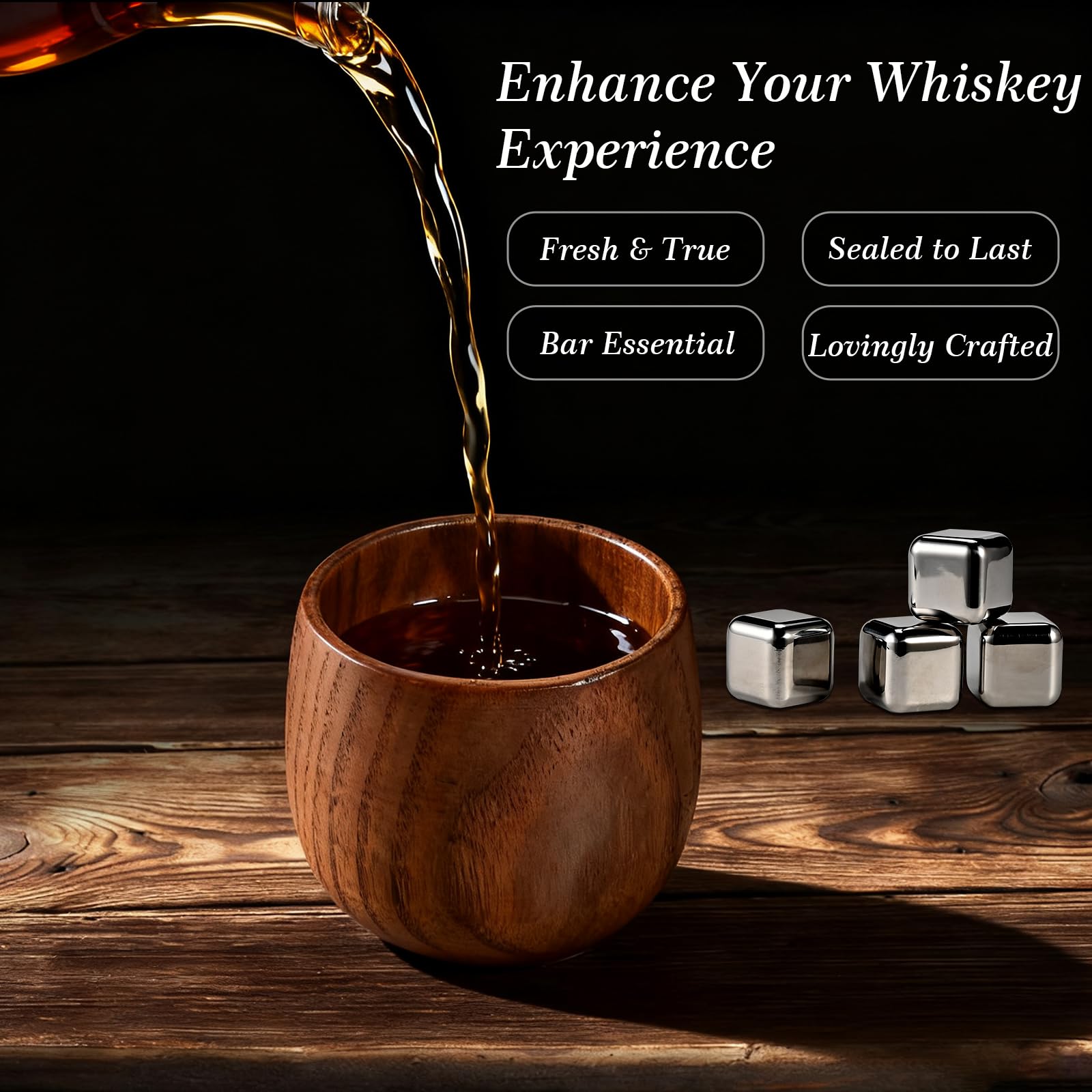 Casuenia wooden tumbler with distinctive grain finish enhances sipping.