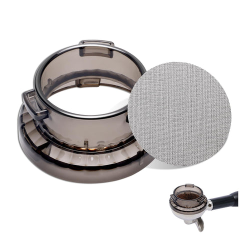 Catcan 54mm dosing funnel on Breville portafilter for clean espresso prep