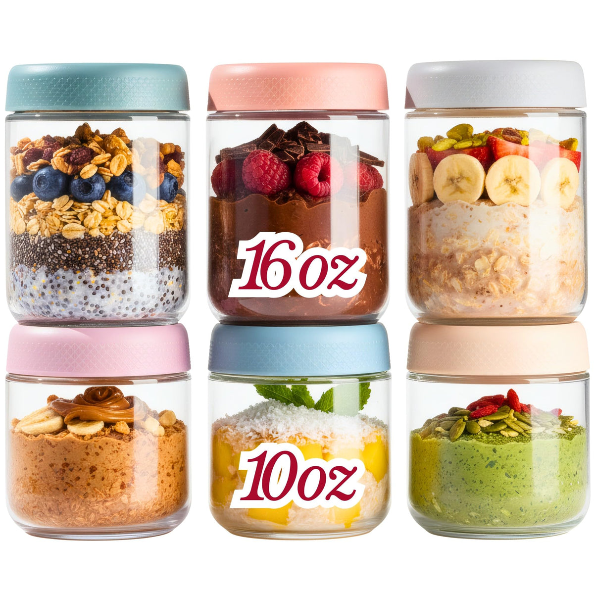 CATIFLIN 6-pack glass jars with 16oz and 10oz sizes for versatile meal prep.