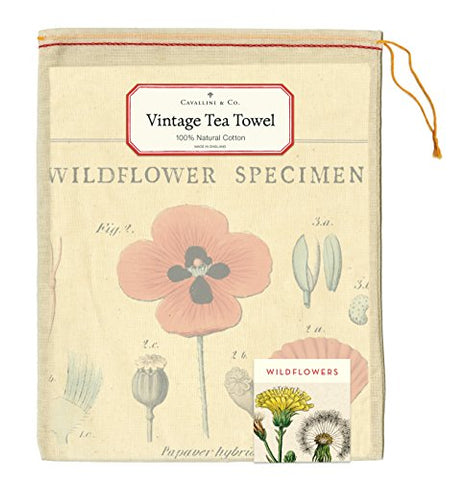 Cavallini Papers & Co. Wildflowers Tea Towel shows hang tab for easy storage.