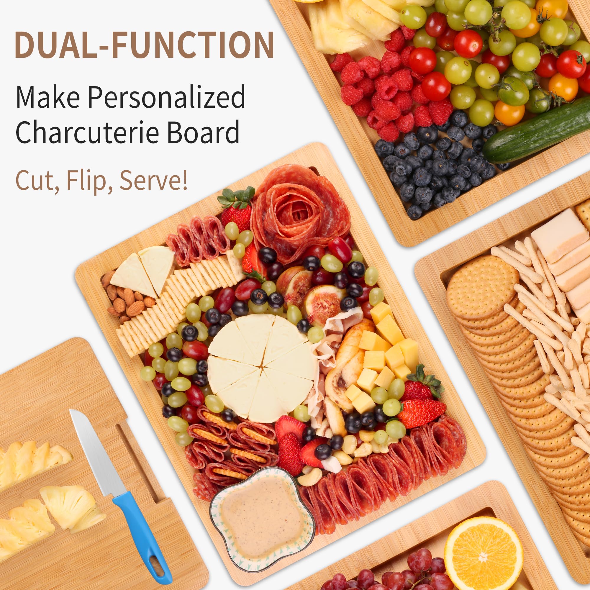 CAWIU board with adjustable compartments for organized food presentation.