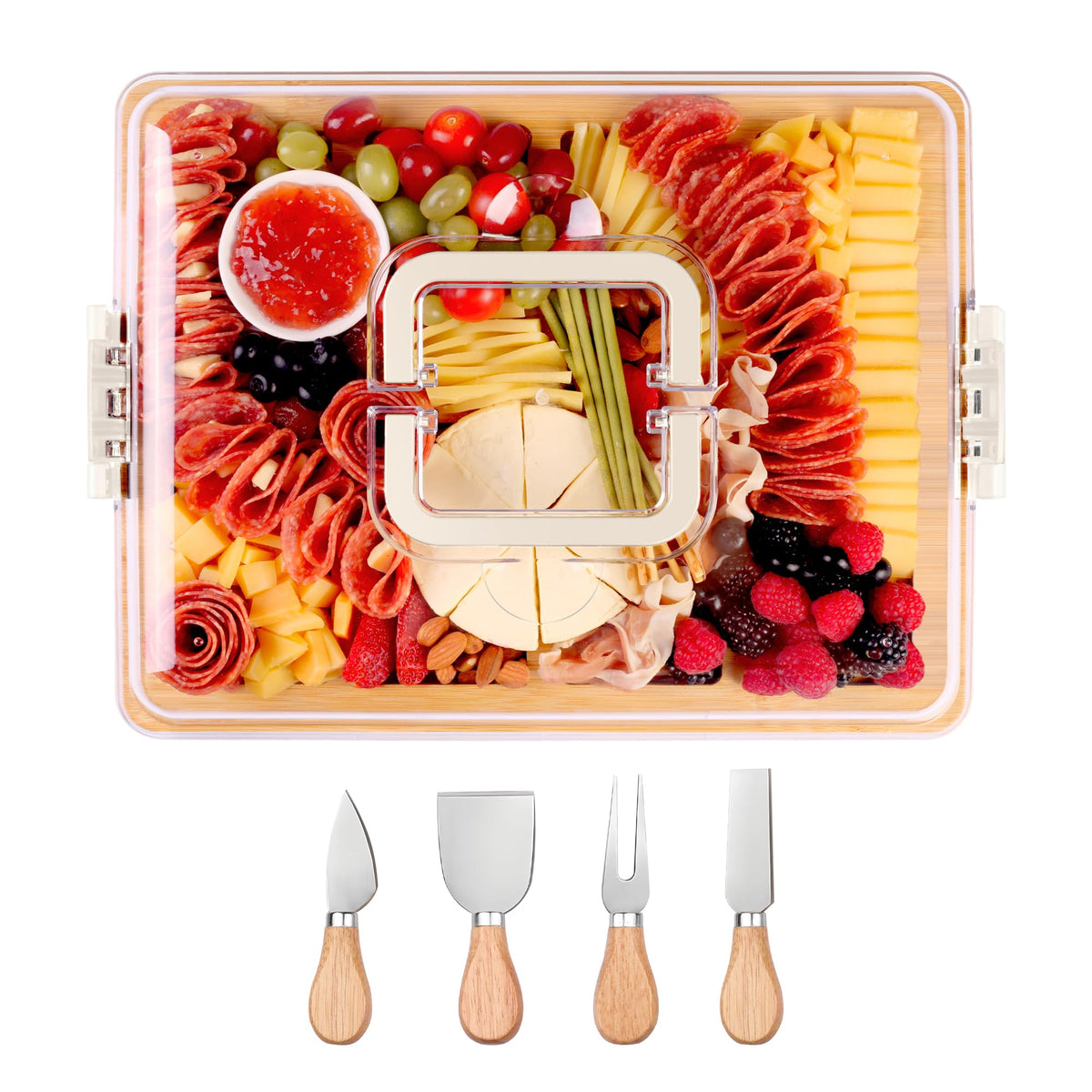 CAWIU charcuterie board with lid and handle, showing portable travel design