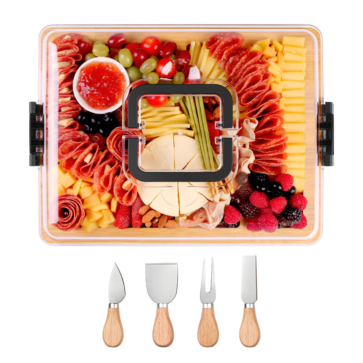 CAWIU charcuterie board with lid and handle for secure travel and stylish presentation.