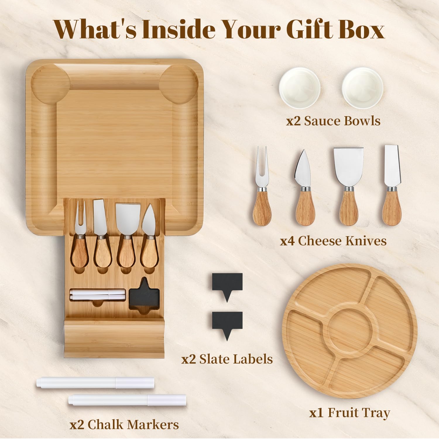 CAWIU Premium Charcuterie Board drawer keeps knives neatly stored for convenient hosting.