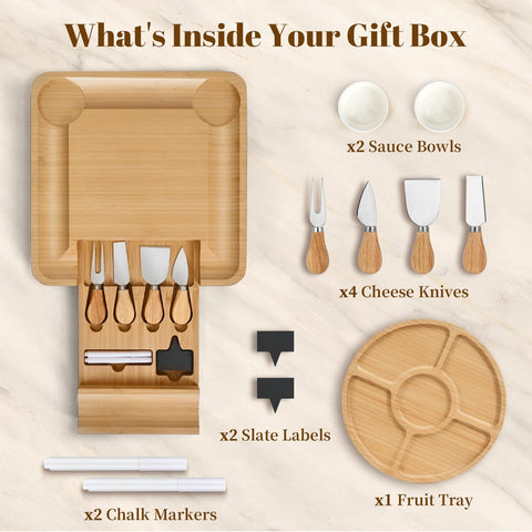 CAWIU Premium Charcuterie Board drawer keeps knives neatly stored for convenient hosting.