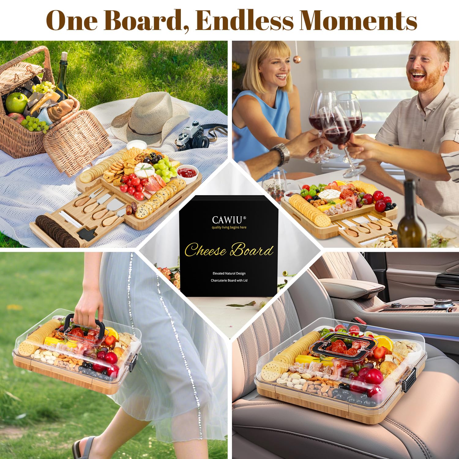 CAWIU Bamboo board elevates entertaining with elegant surface and easy cleanup.