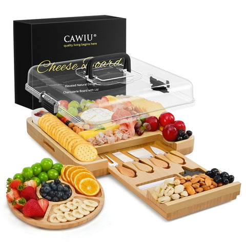 CAWIU Premium Charcuterie Board lid shows secure, fresh snacks for any gathering.