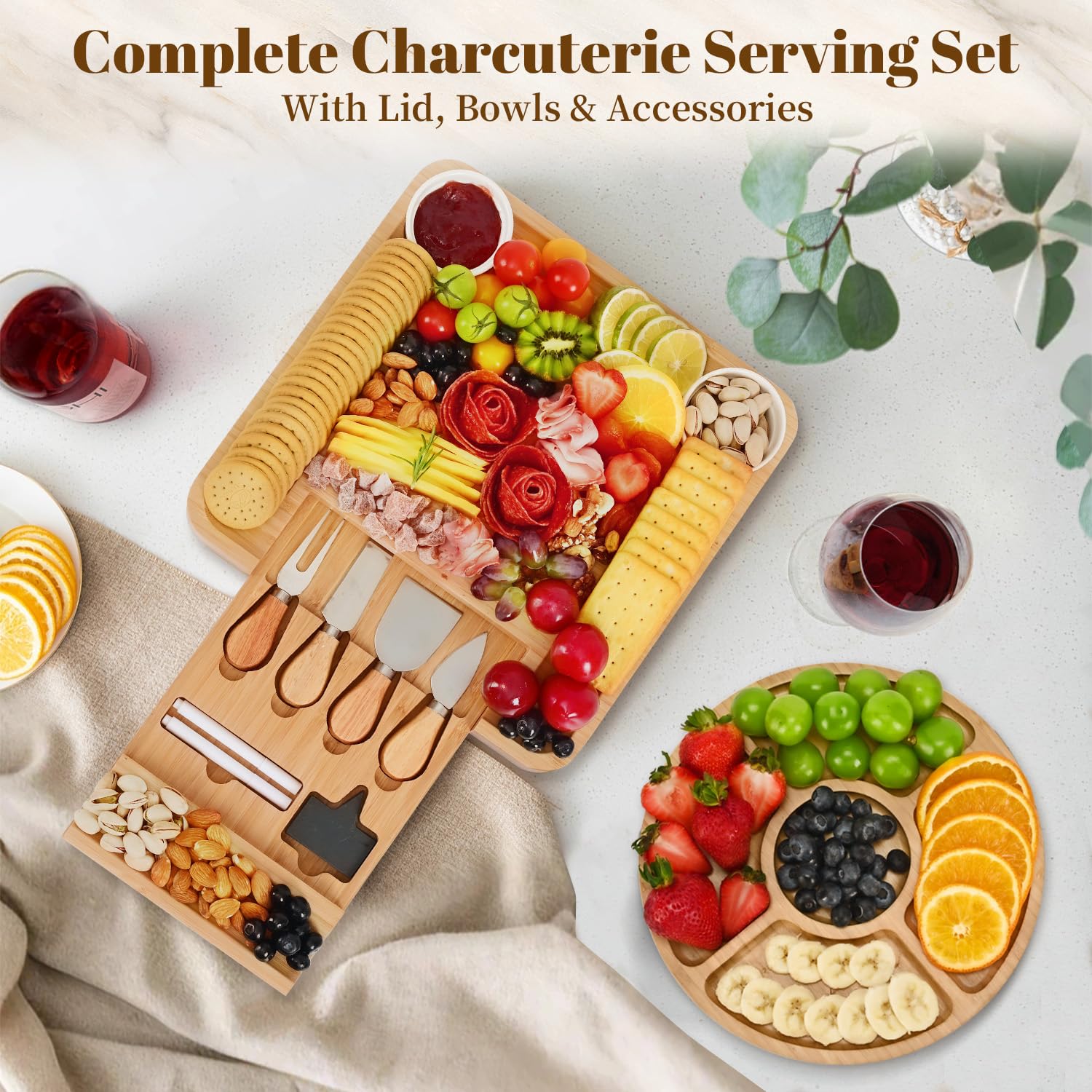 CAWIU Charcuterie Board utensils drawer keeps tools ready for serving.