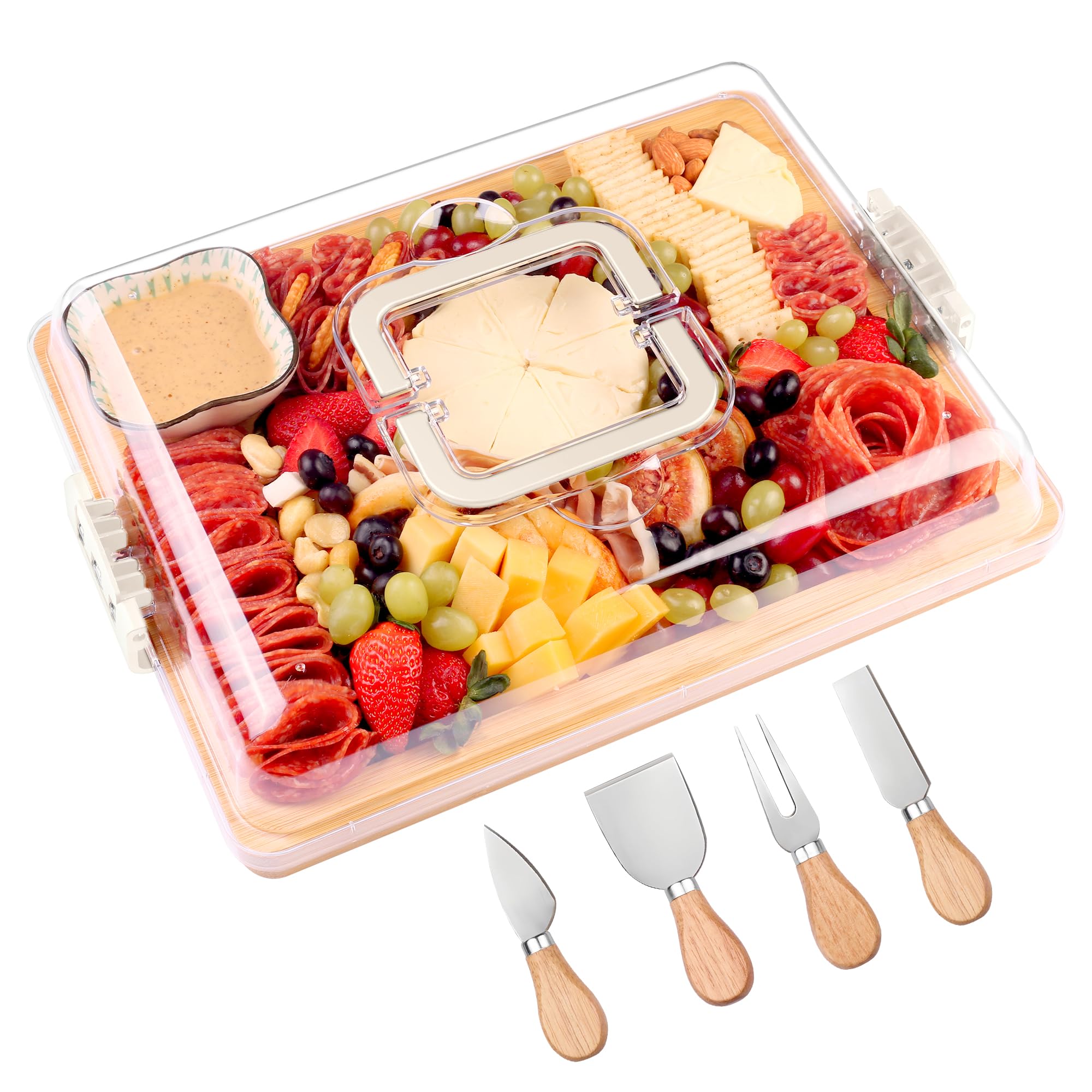 CAWIU charcuterie board with lid and handle for secure travel and stylish presentation.