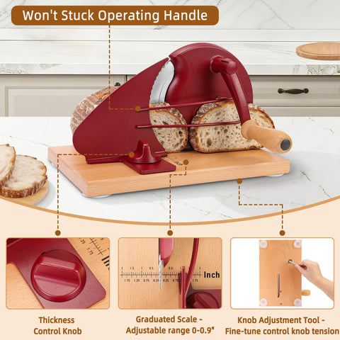 CAWIU bread slicer red metal guide close-up highlights jam-free slicing.