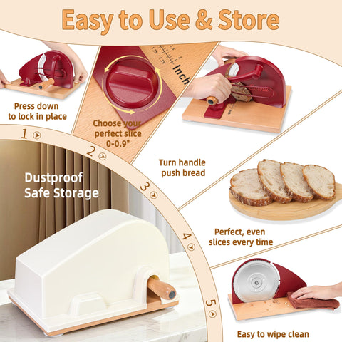 CAWIU bread slicer red close-up of blade for clean, even cuts.