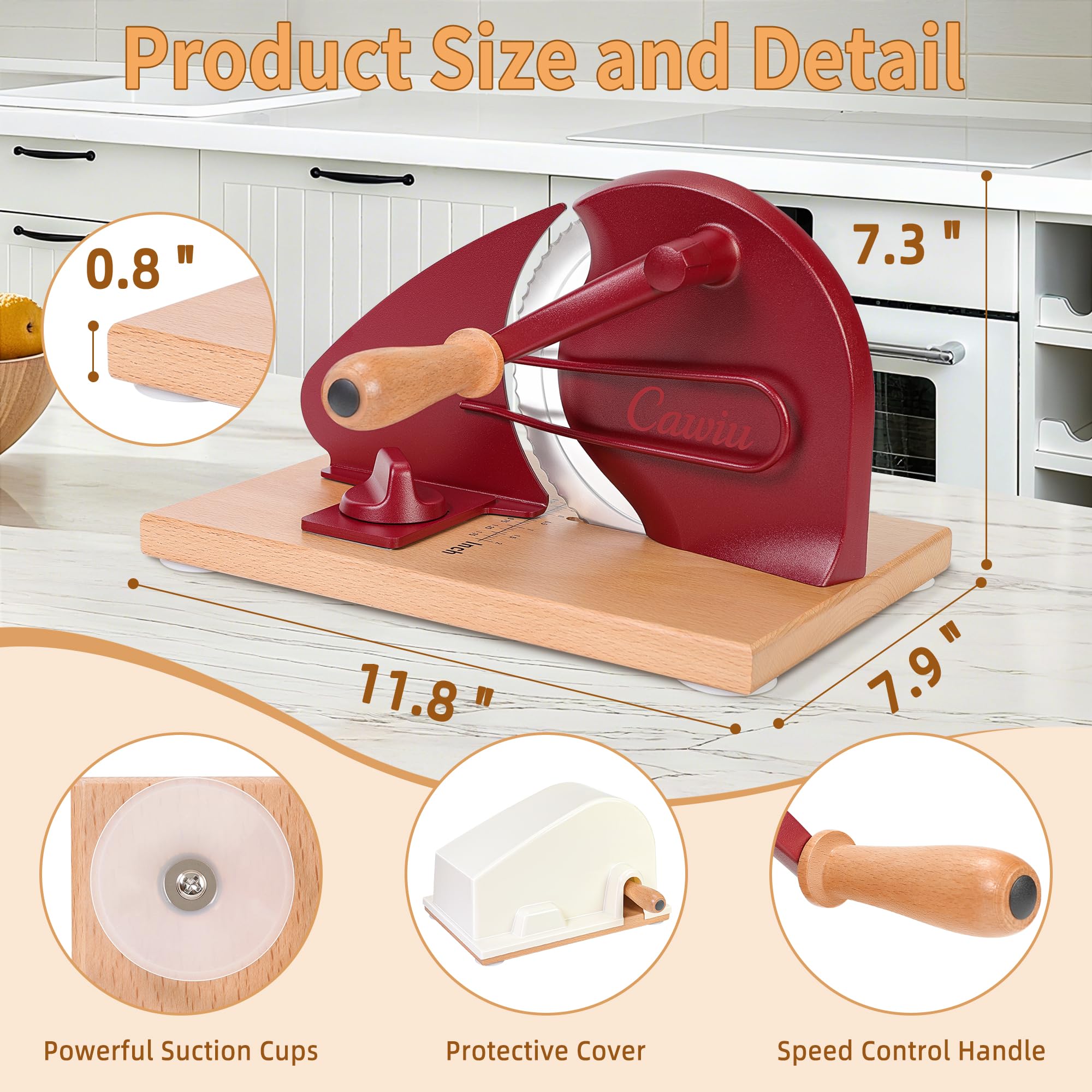 CAWIU upgraded manual bread slicer red side view shows stable base and suction cups.