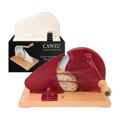CAWIU upgraded manual bread slicer red top view with precise thickness control.
