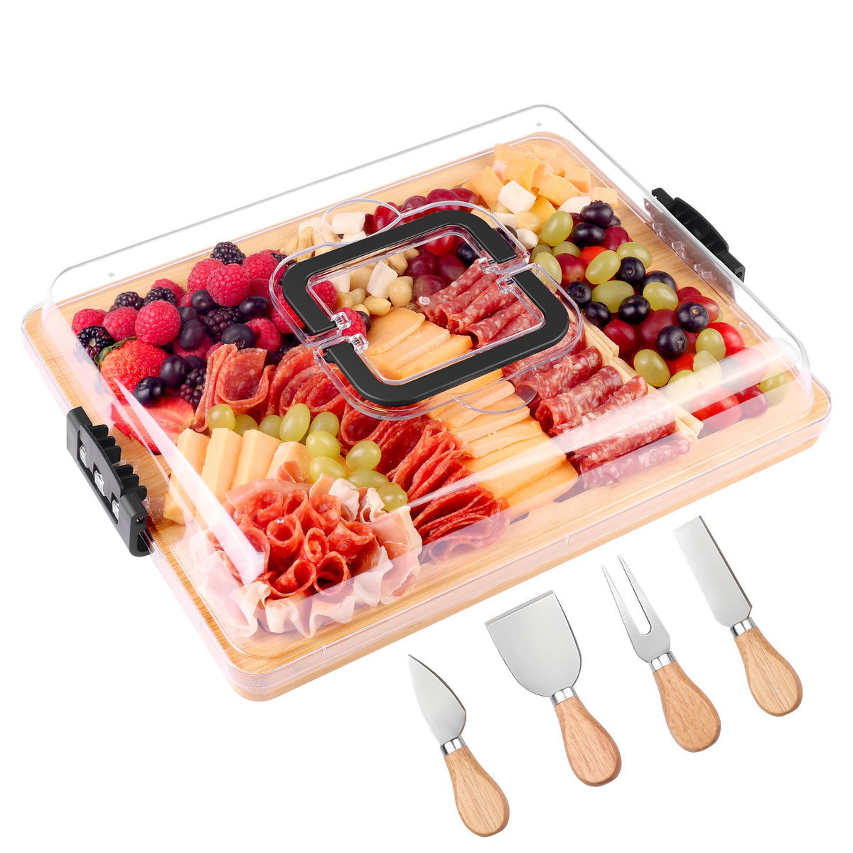 CAWIU charcuterie board with lid and handle, closed for secure travel and fresh presentation.