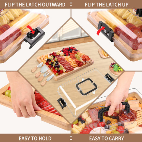 CAWIU charcuterie board with lid and handle opened to show organized snacks in six compartments.