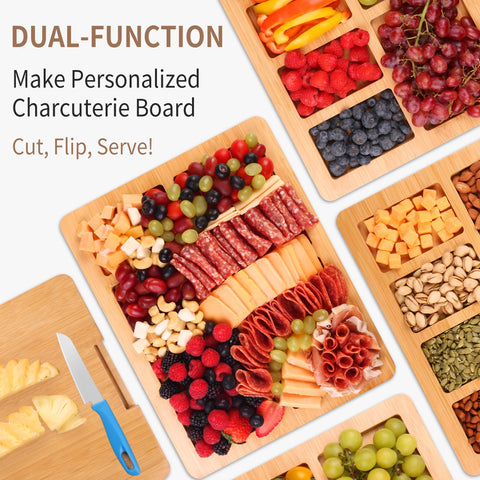 CAWIU six-compartment board keeps items separated while presenting a cohesive spread.