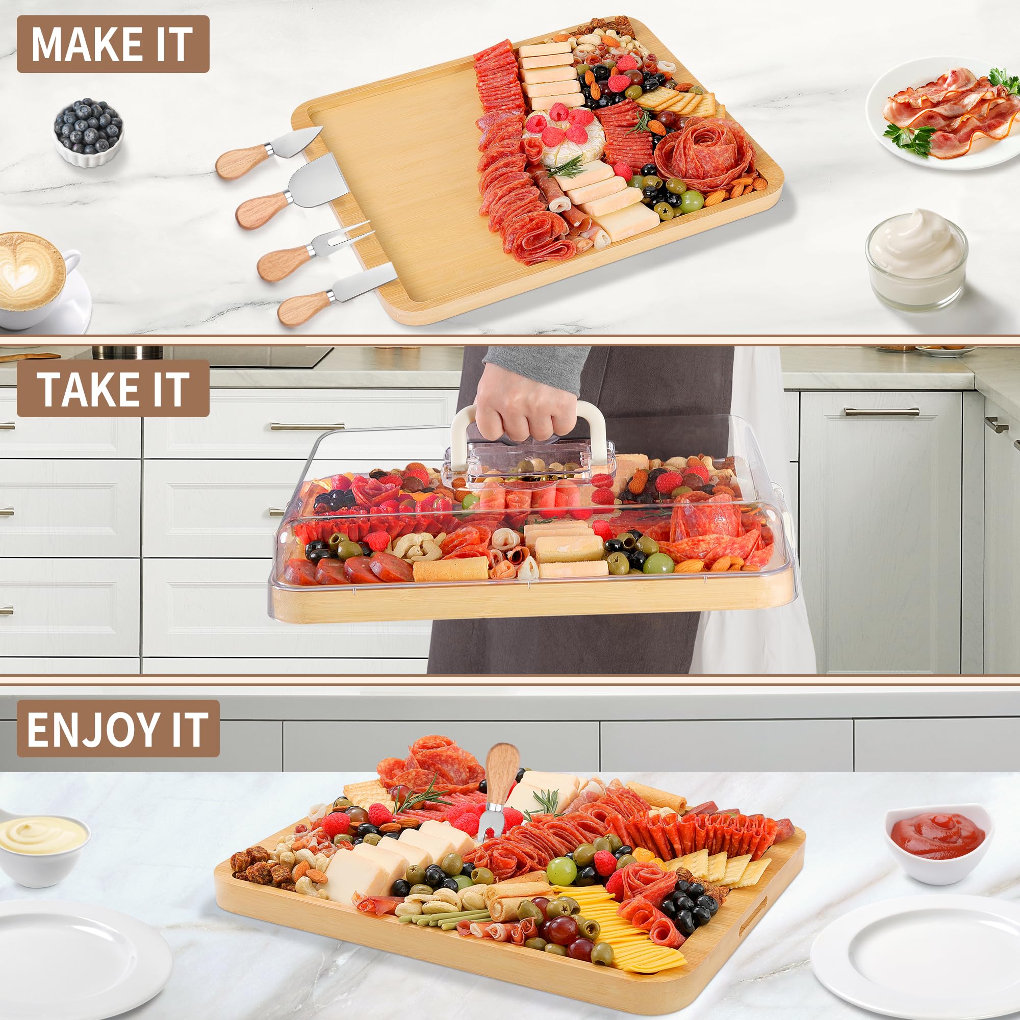 CAWIU large bamboo cheese board with lid ready for travel picnics