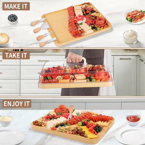 CAWIU large bamboo cheese board with lid ready for travel picnics