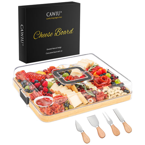 CAWIU portable charcuterie board with lid and handle, ideal for secure transport.