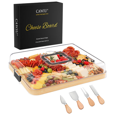 CAWIU portable travel charcuterie board with lid and handle for secure transport