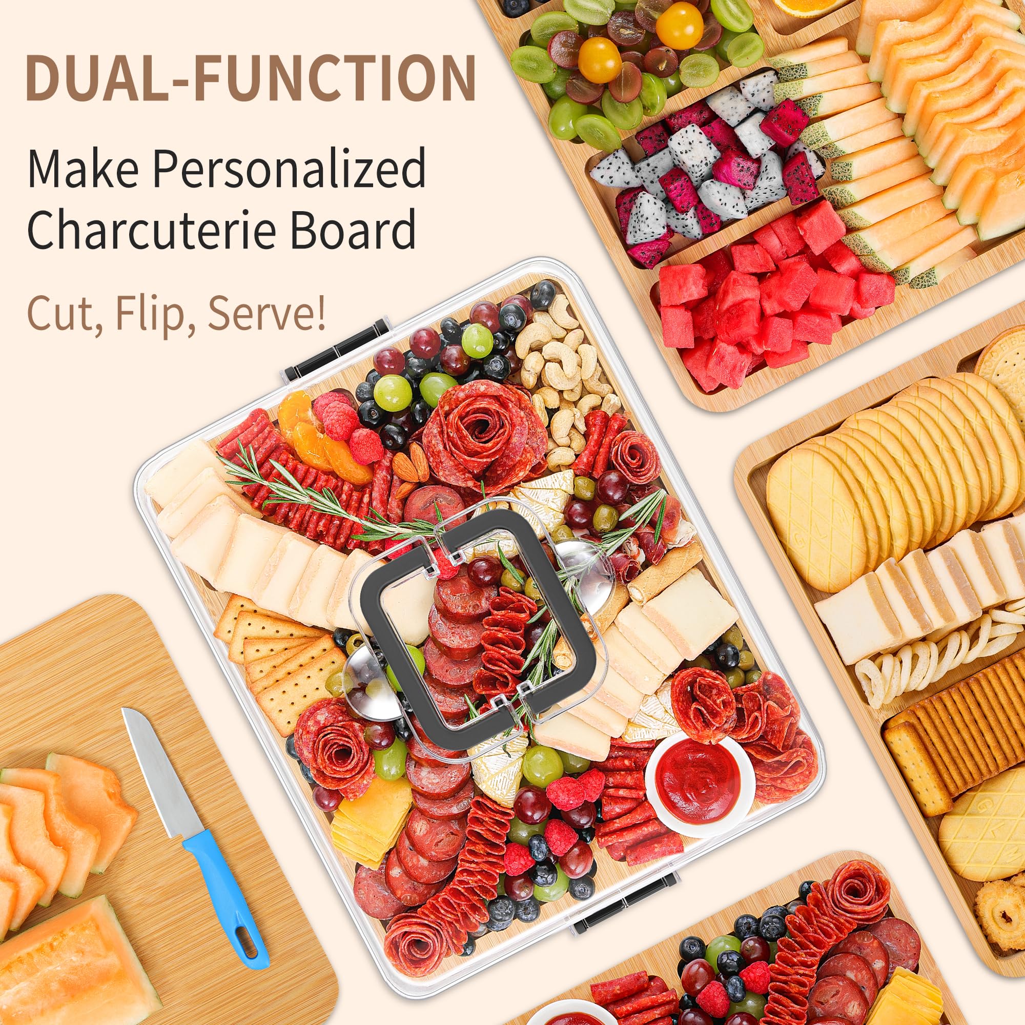 CAWIU two-sided board doubles as cutting and serving platform for convenience.