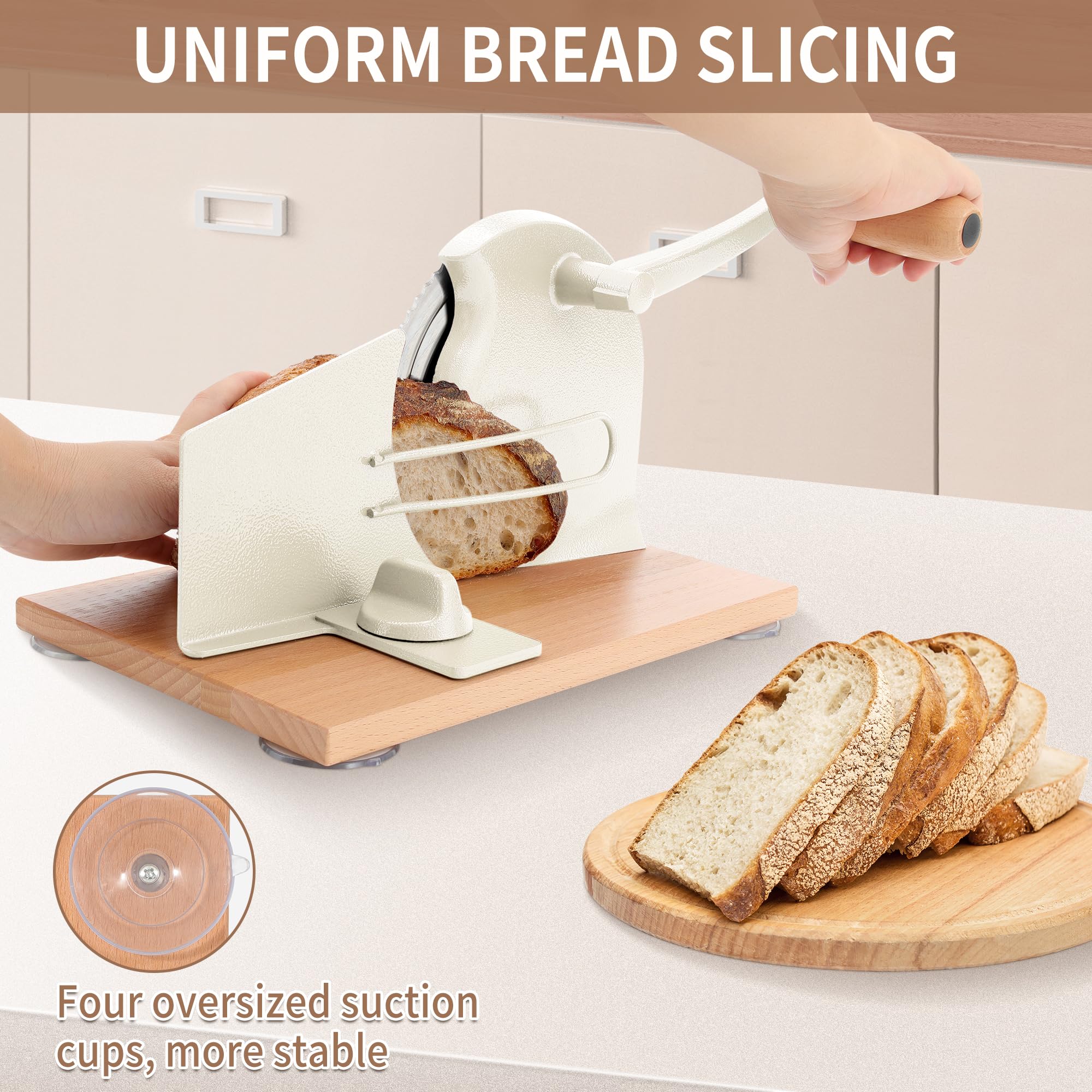 CAWIU wood base with four suction cups keeps the slicer stable on your counter.