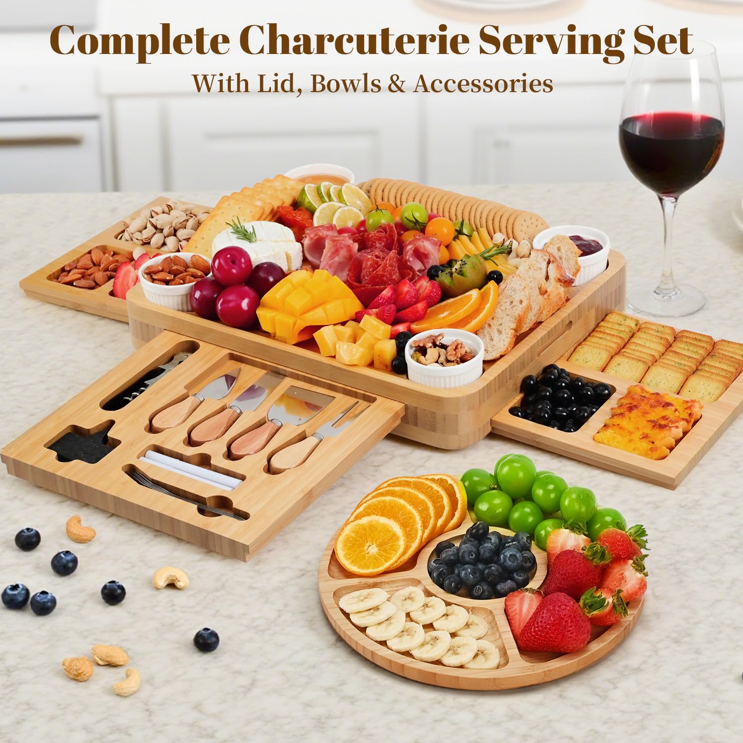 CAWIU charcuterie board with ceramic bowls for dips and toppings