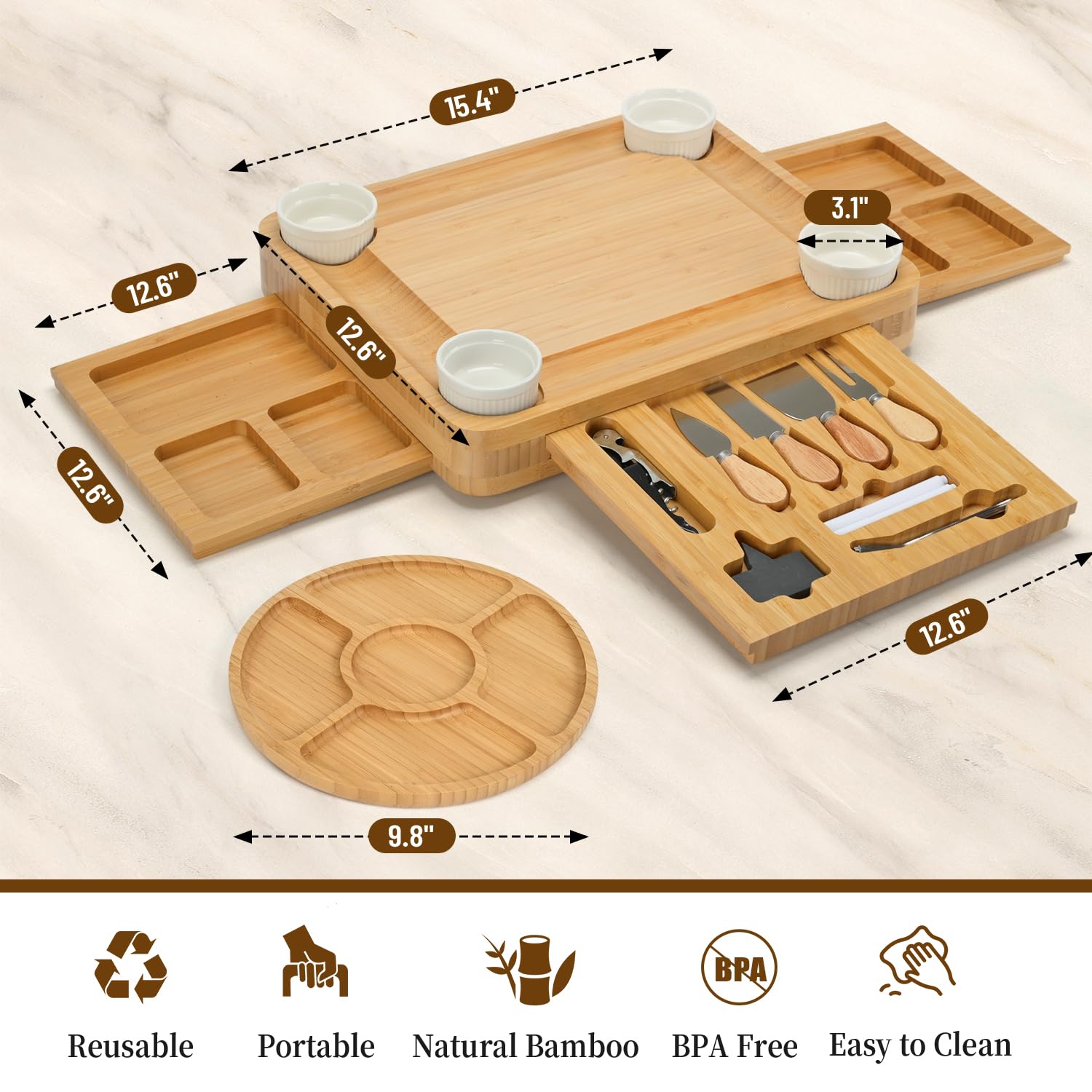 CAWIU charcuterie board shows smooth edges and easy grip lid