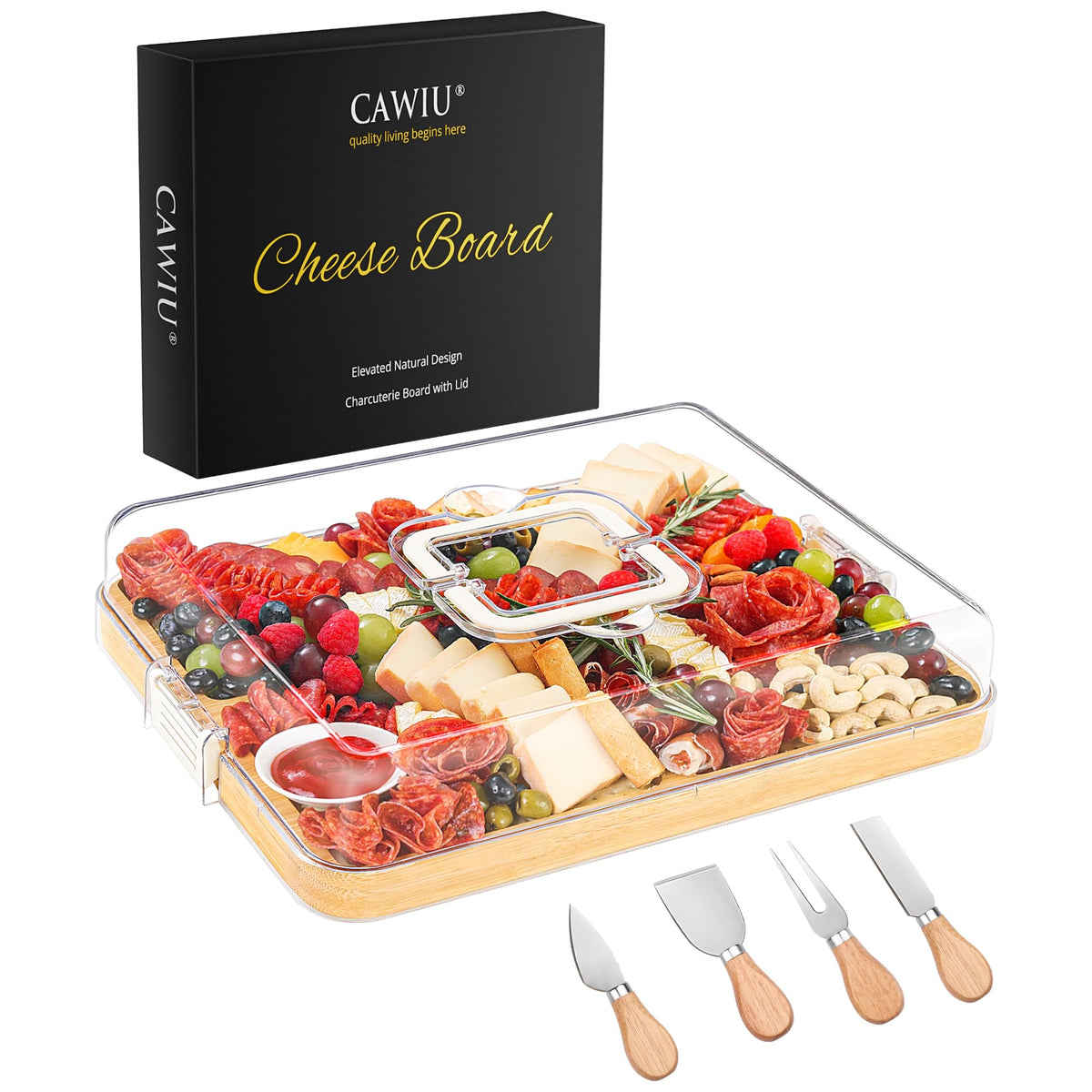 CAWIU bamboo charcuterie board with lid and handle for secure transport.