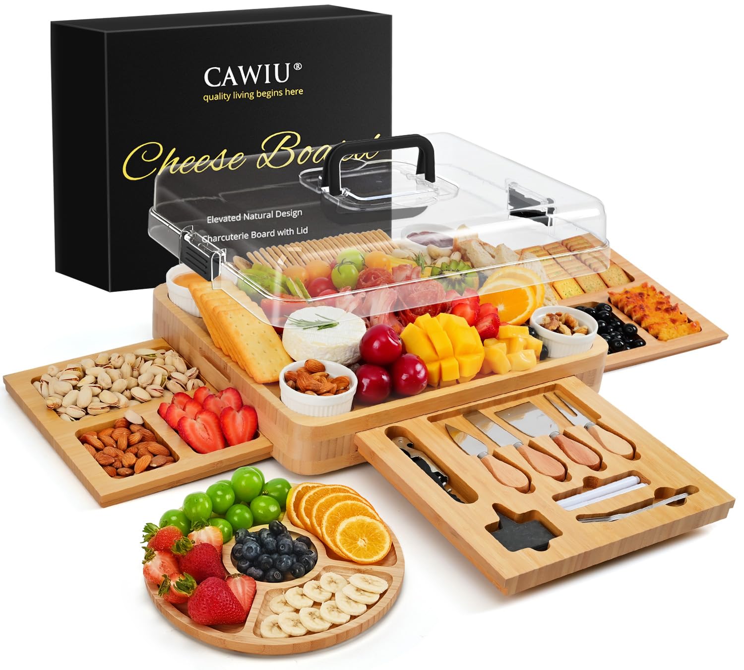 CAWIU bamboo charcuterie board with lid for elegant serving and freshness