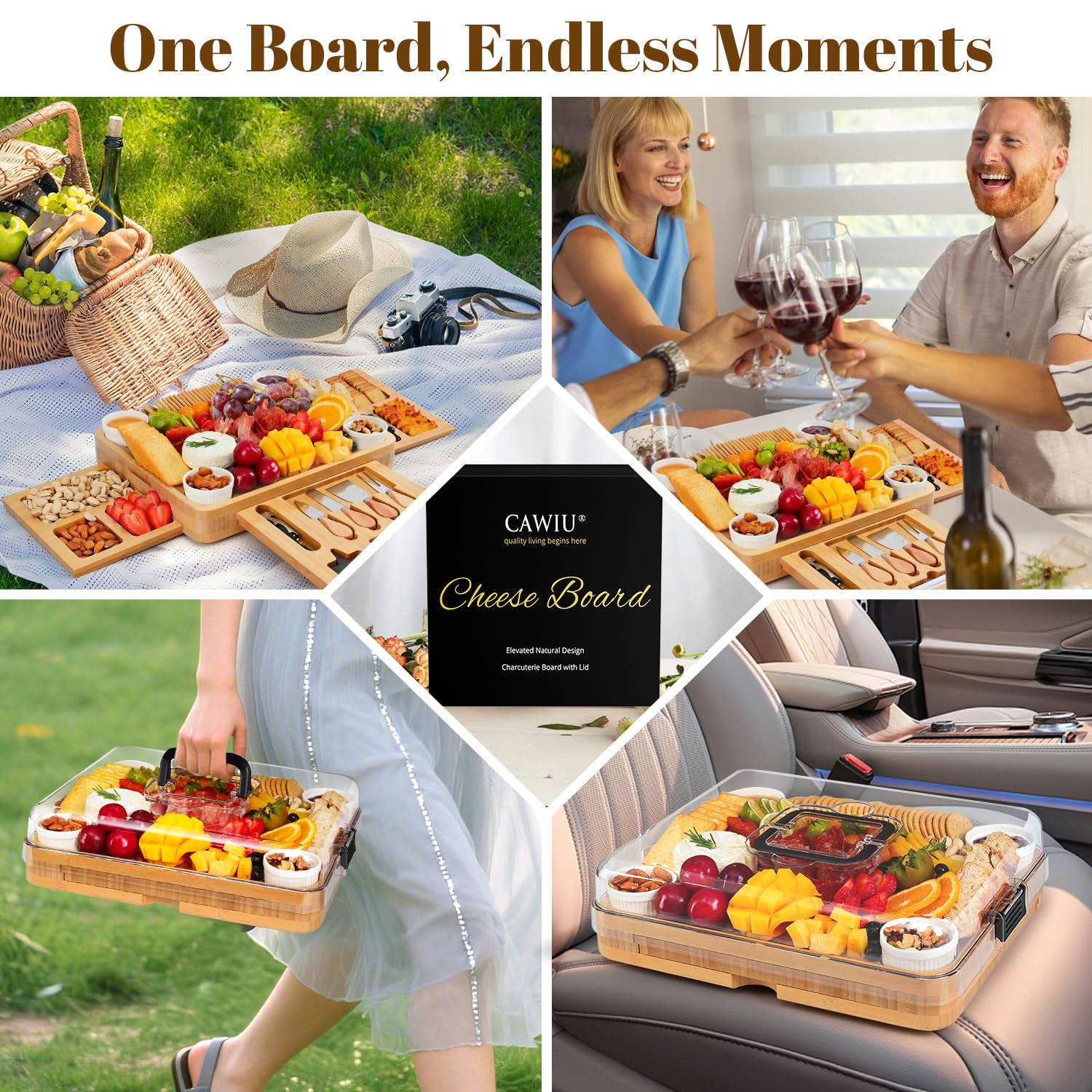 CAWIU gift-ready charcuterie board in black packaging for weddings and housewarmings