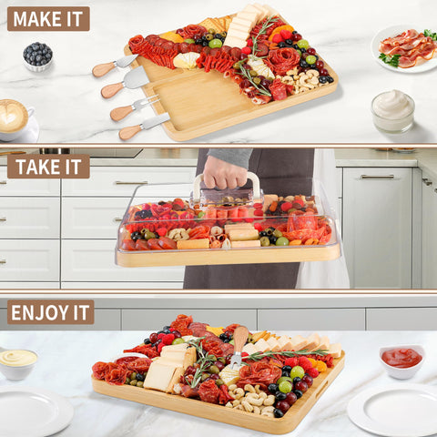 CAWIU travel charcuterie board displayed with sturdy case for outdoors.