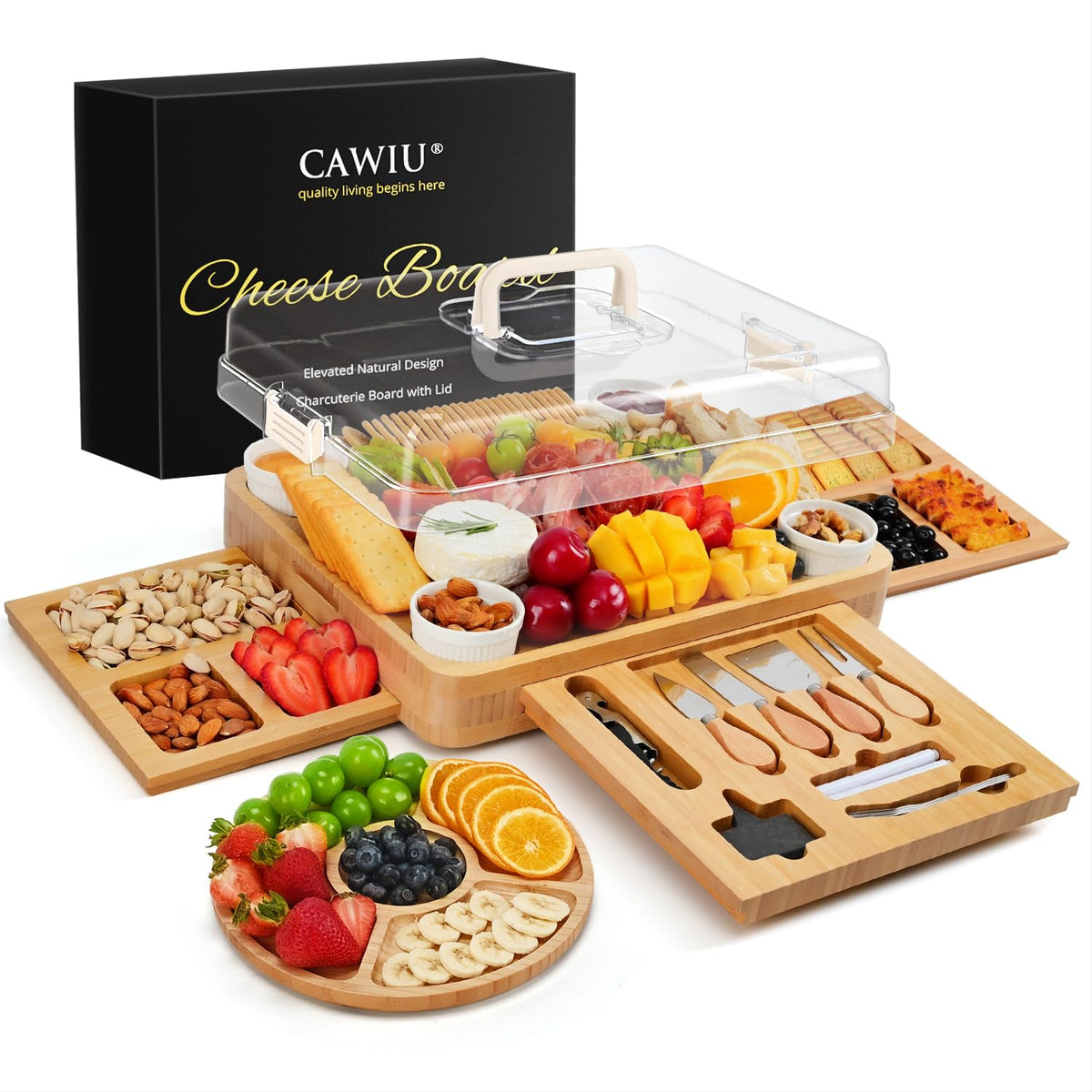 CAWIU bamboo charcuterie board with lid keeps fresh and presents an elegant spread