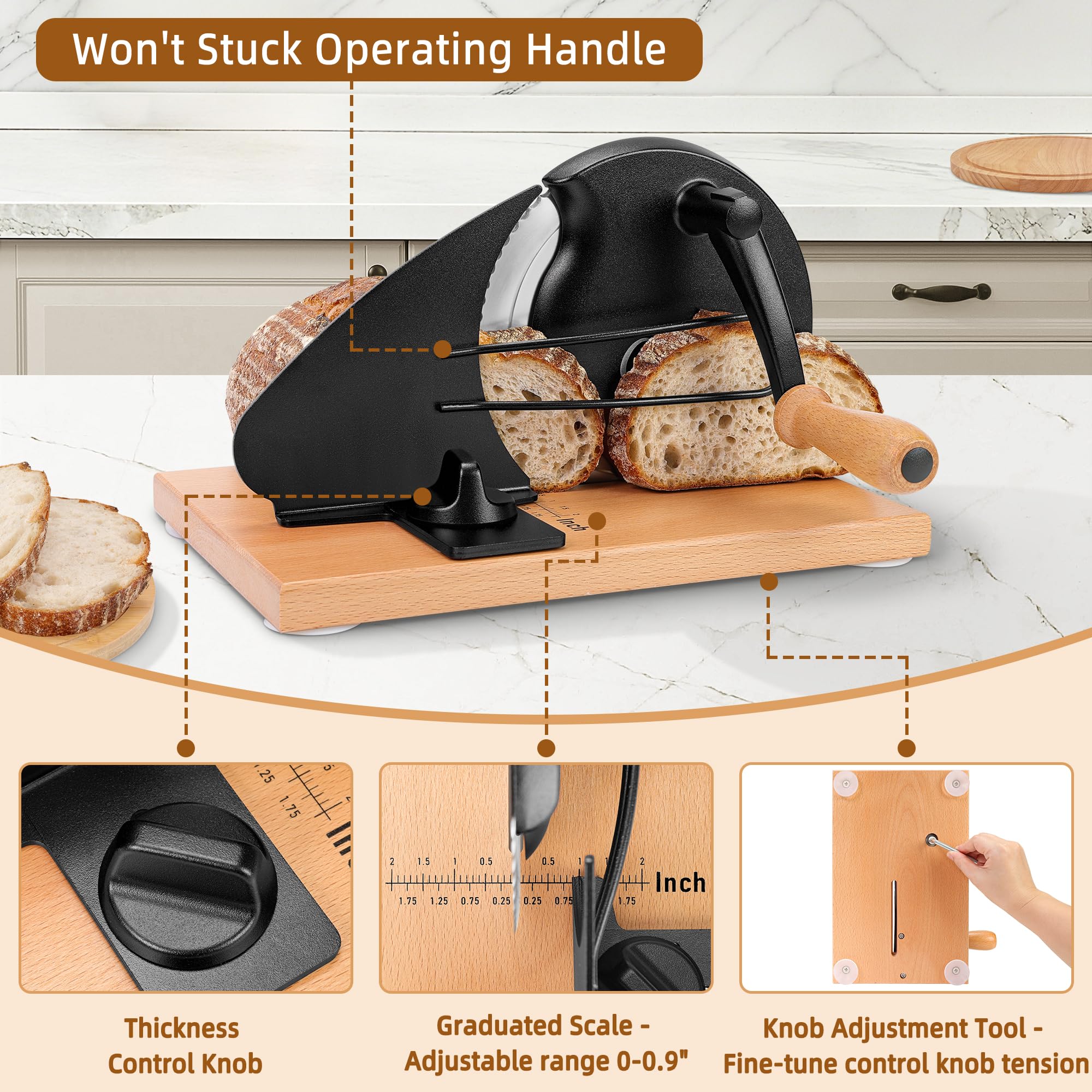 CAWIU Upgraded Bread Slicer base provides stable slicing on the counter.