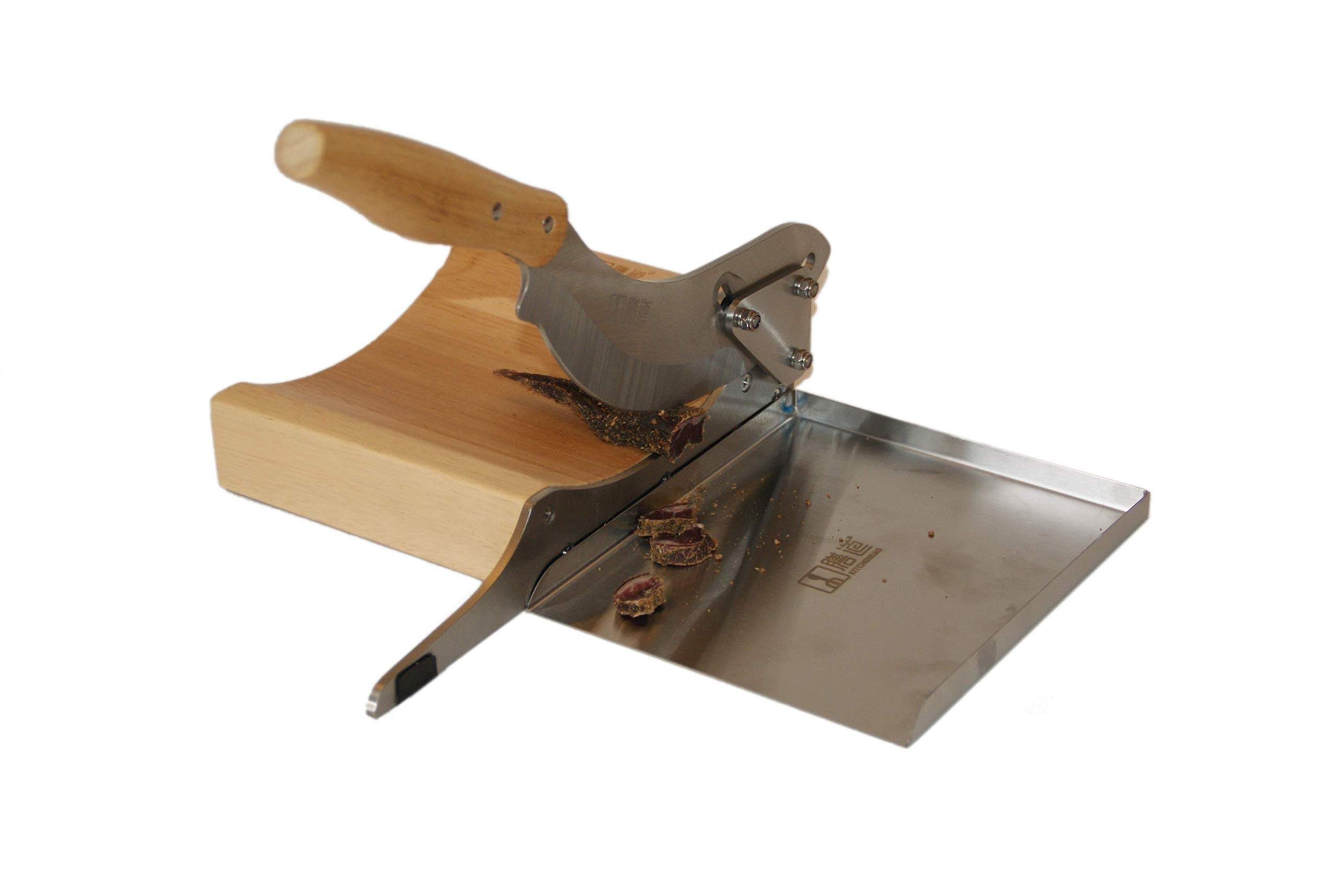 Cawoods Radiused Biltong Slicer with magnetic tray attached for mess-free collection