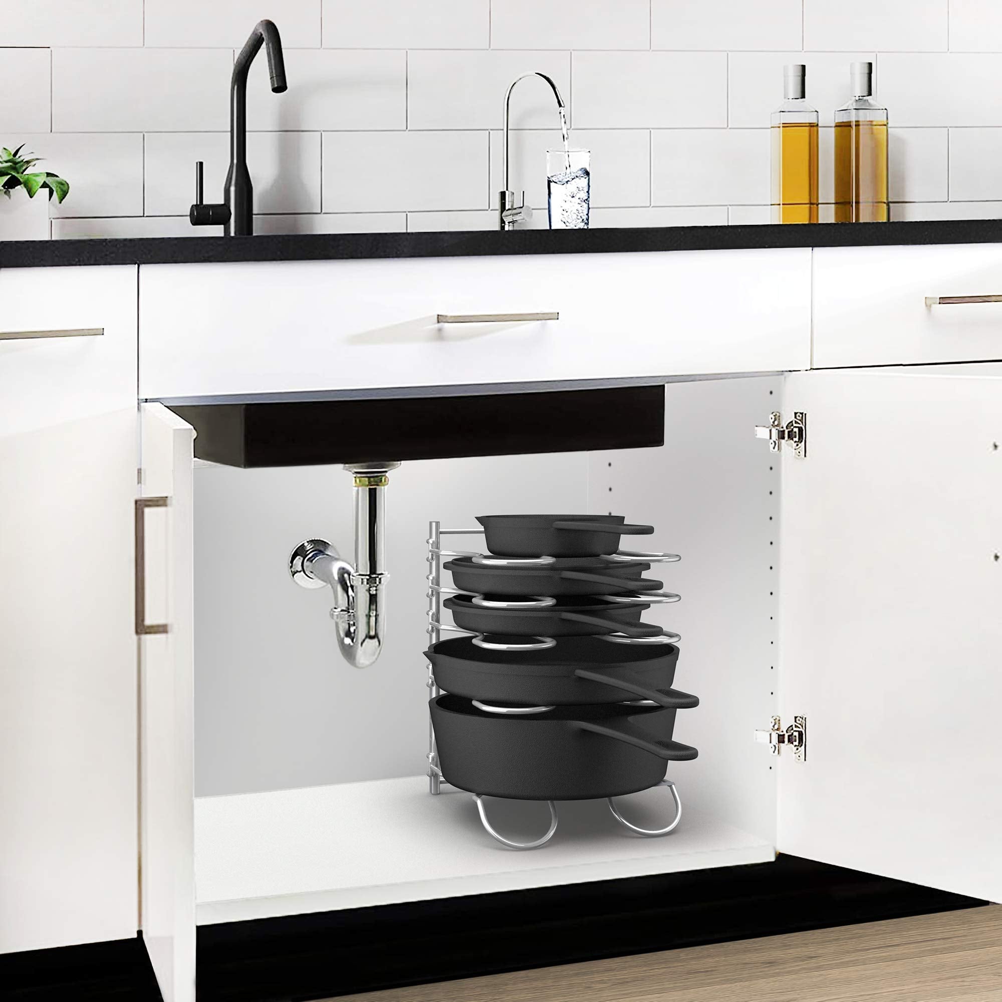 CAXXA space-saving storage fits in most cabinets for organized cookware.