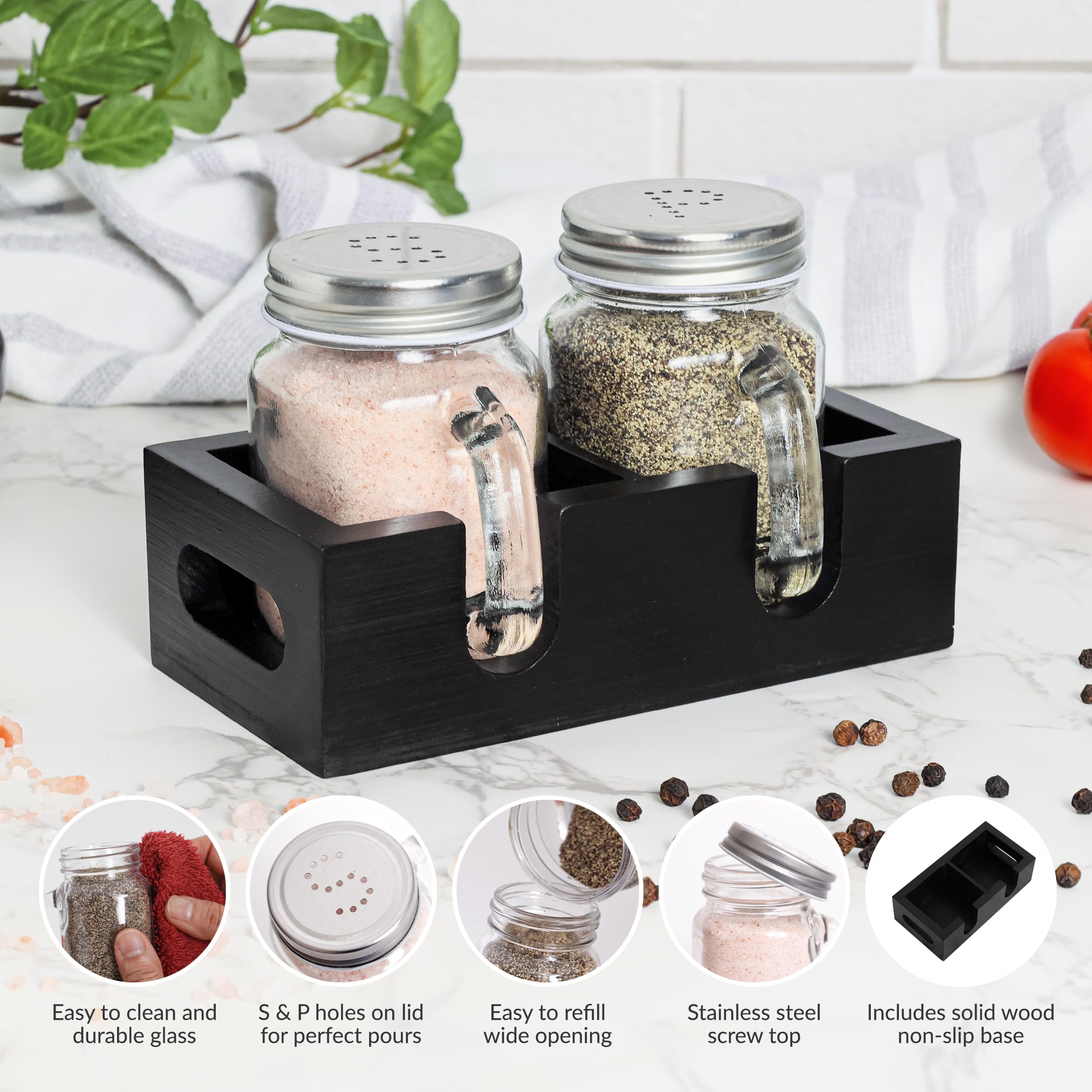 CB Accessories clear glass jars with stainless steel lids in a shaker set