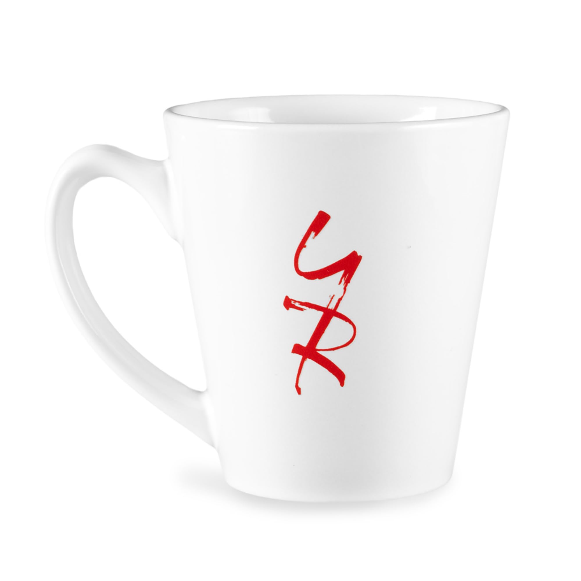 Crimson Lights mug close-up showing logo on 13oz ceramic for durable daily use.