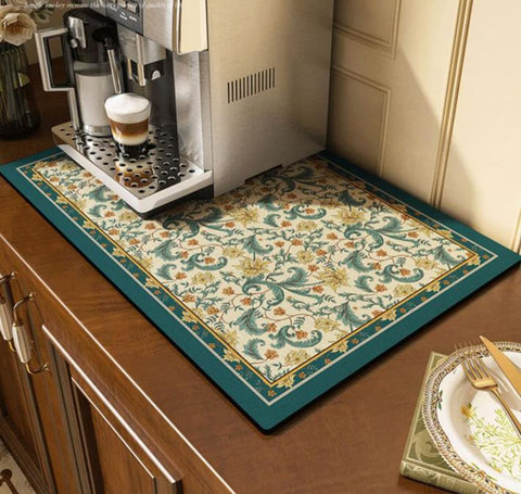 Cciphy absorbent diatomite mat demonstrates quick drying under a coffee station.