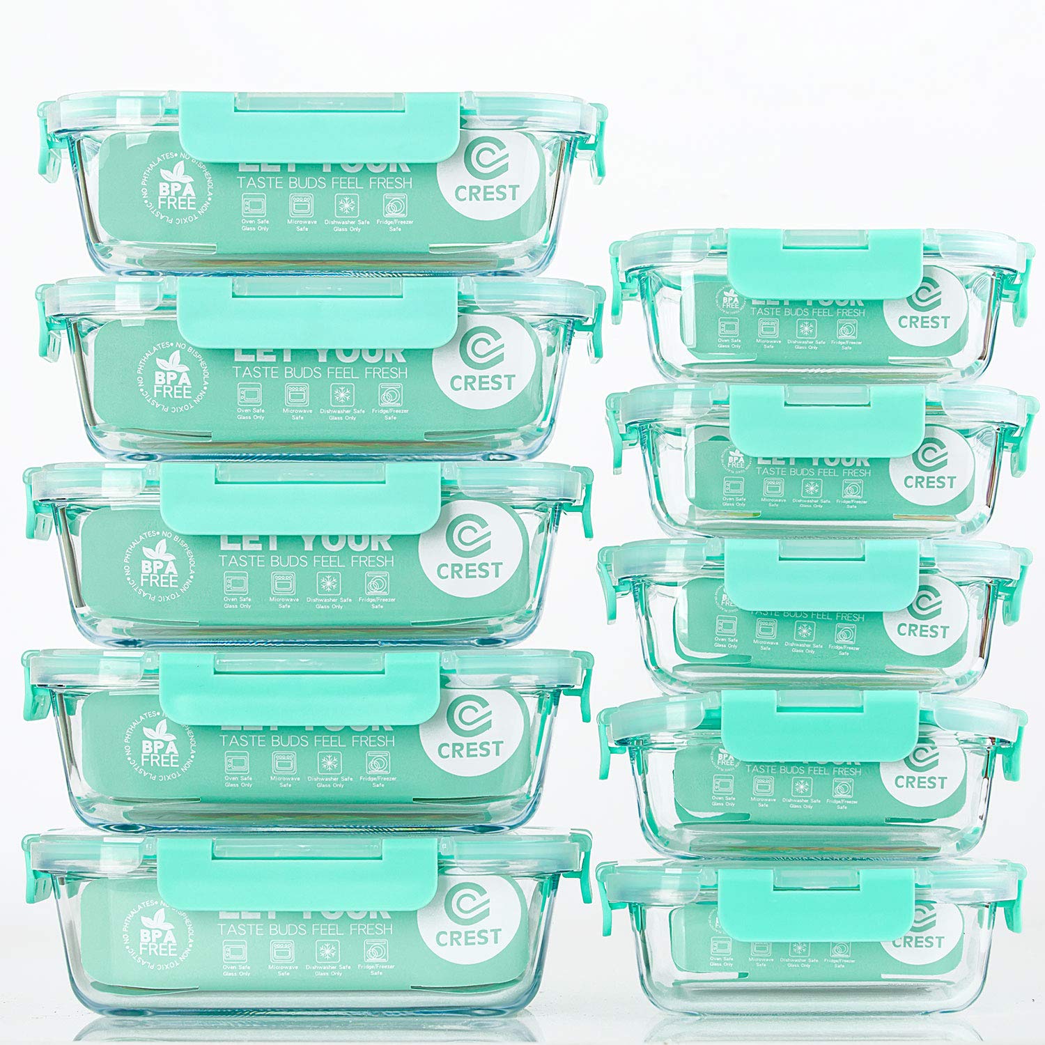 C CREST 10-pack glass meal prep containers with lids for organized portions.