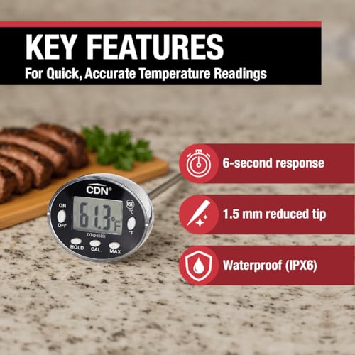 CDN DTQ450X 1.5 mm tip enables precise insertions in bread and meats.