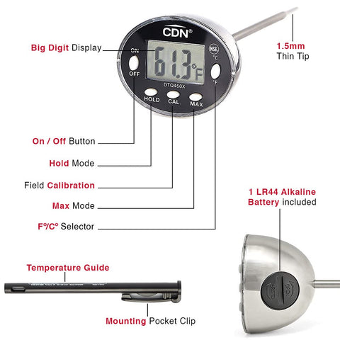 CDN DTQ450X calibration button allows quick field adjustments.
