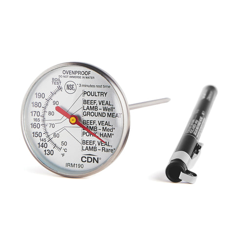 CDN IRM190 ovenproof thermometer dial close-up for precise oven readings