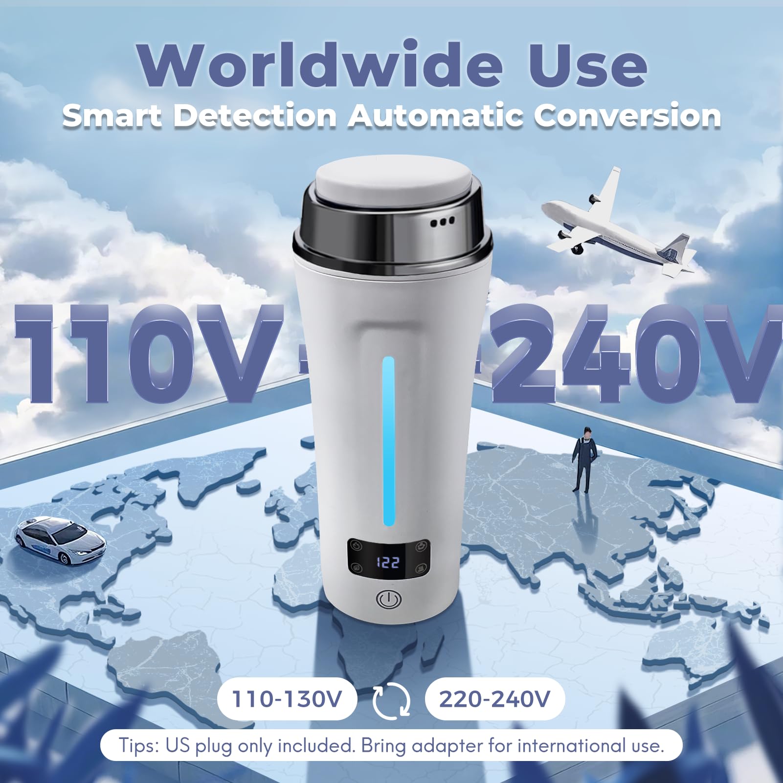 Ceaplot travel kettle shows global voltage compatibility for international trips.