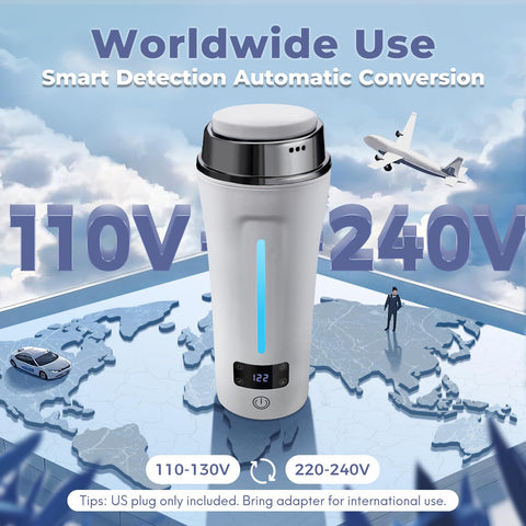 Ceaplot travel kettle shows global voltage compatibility for international trips.