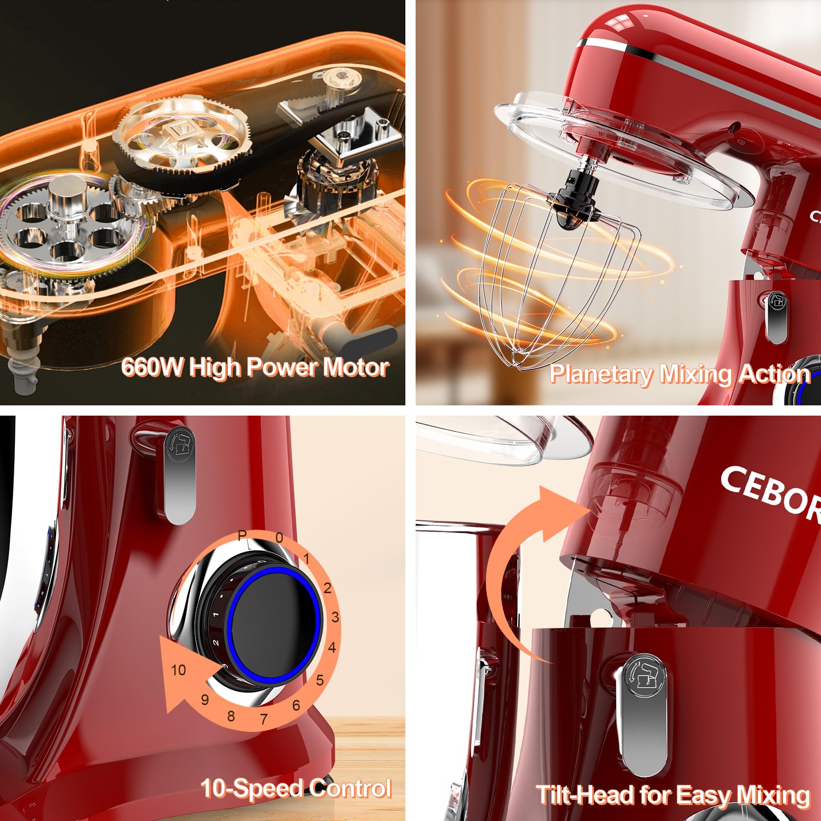 CEBORY attachments including dough hook, beater, and whisk demonstrate kneading, whipping, and mixing versatility.