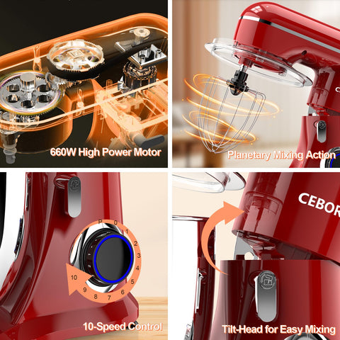 CEBORY attachments including dough hook, beater, and whisk demonstrate kneading, whipping, and mixing versatility.
