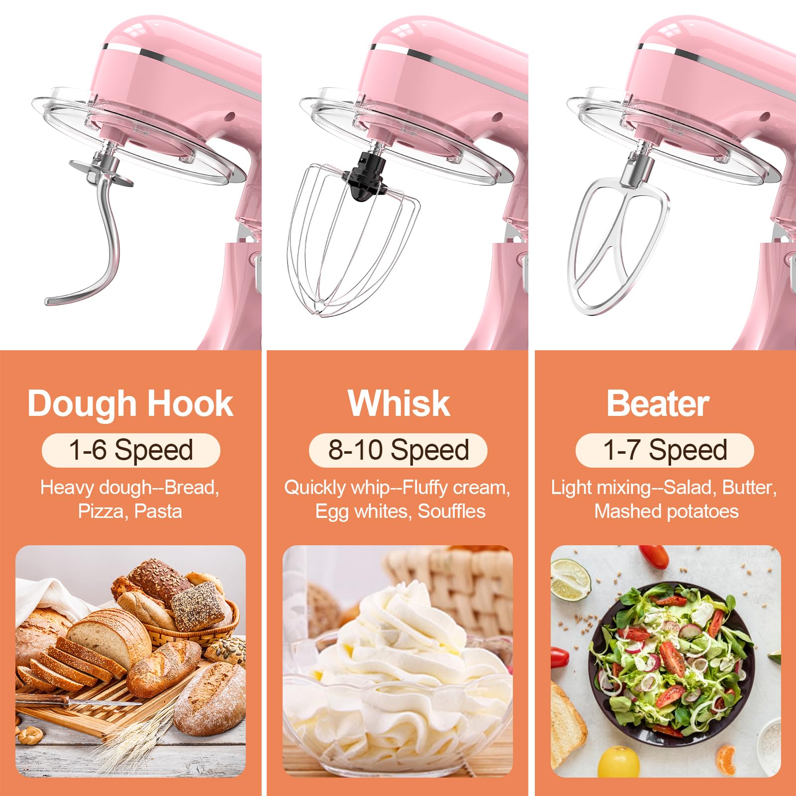 CEBORY dough hook, beater and whisk attached for thorough kneading and whipping