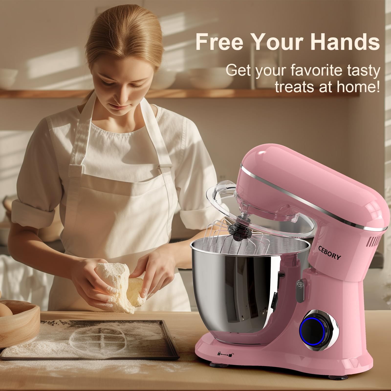 CEBORY pink kitchen mixer in use for baking at home