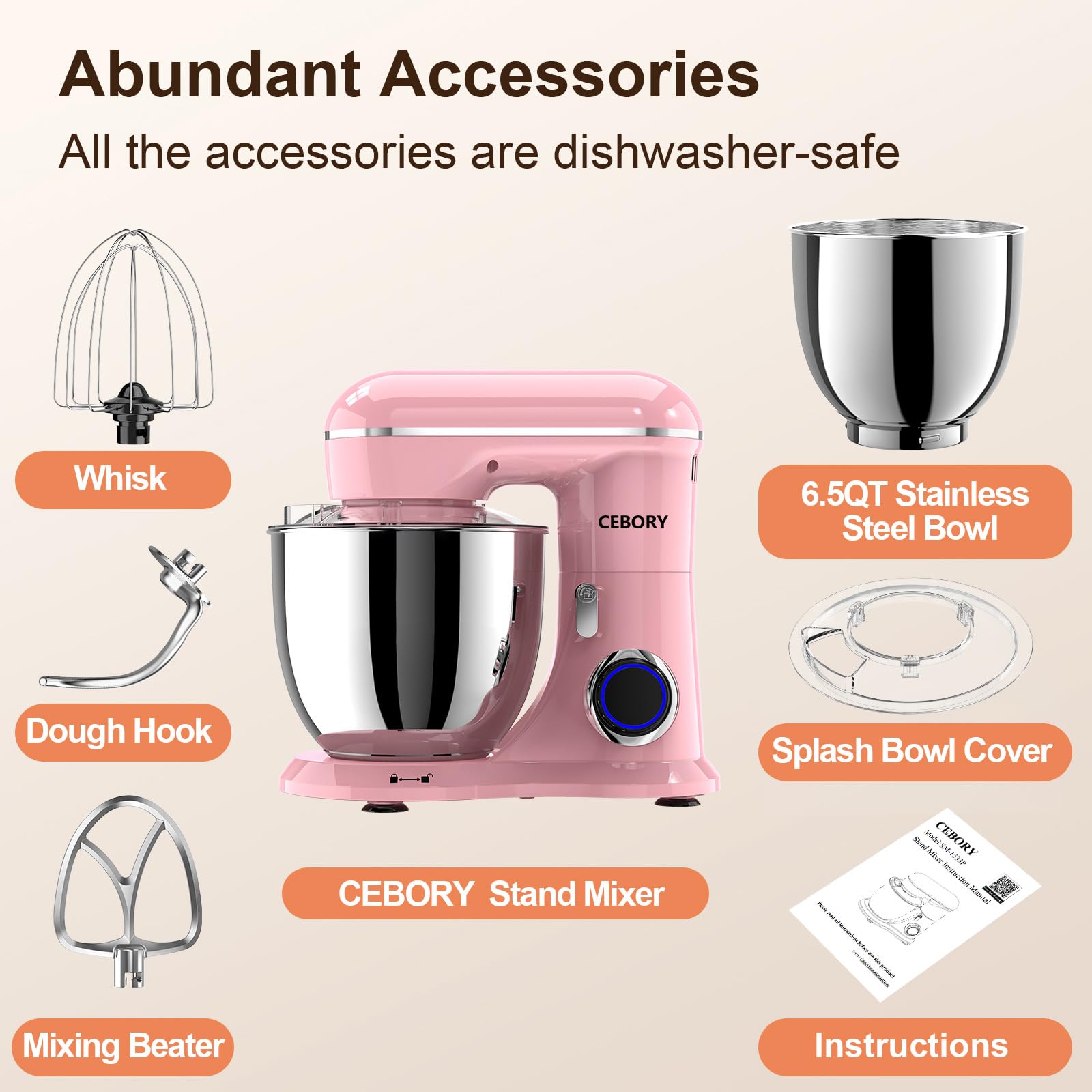 CEBORY 6.5qt pink bowl with attachments ideal for large batch blends